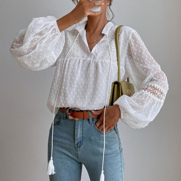 Boho White Swiss Dot Tassel Neck Tie Top - Picture 4 of 7